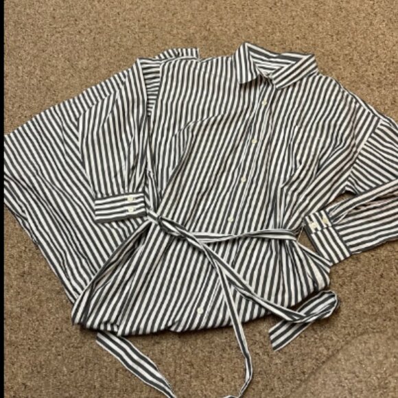 ANN TAYLOR LOFT BELTED PETITE POCKET SHIRTDRESS STRIPED NWOT $100 M P - Picture 6 of 7